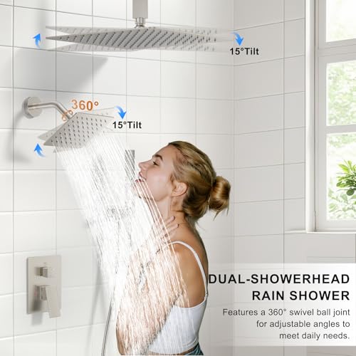 Rain Shower System 12" & 6" Dual Shower Heads Ceiling Shower Faucet Set | Ideal for bathroom remodels and upgrades with 12" rain shower, 6" angled shower, handheld spray and complete valve kit. - color: Brushed Nickel, size: Ceiling Mounted - 12"+6" Showe