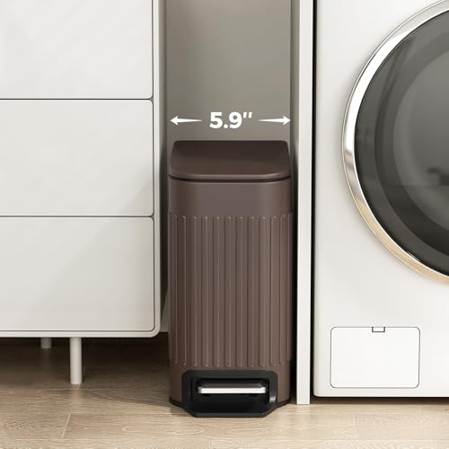 TrashAid Slim Bathroom Trash Can with Lid Soft Close & Pedal, 1.6Gal, Brown | Removable Inner Bucket, Stainless Steel Garbage Can, Small Wastebasket for Toilet/Office/Bedroom, Retro Design, Odor Control - color: Brown