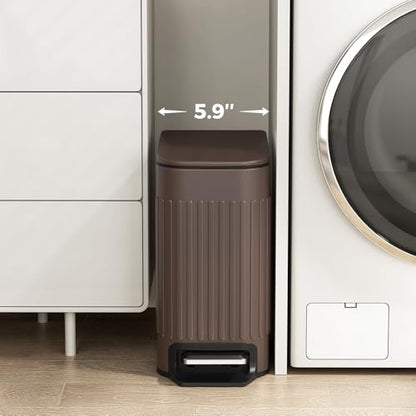 TrashAid Slim Bathroom Trash Can with Lid Soft Close & Pedal, 1.6Gal, Brown | Removable Inner Bucket, Stainless Steel Garbage Can, Small Wastebasket for Toilet/Office/Bedroom, Retro Design, Odor Control - color: Brown