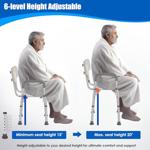 Shower Chair with Arms and Back, 330lbs Heavy Duty Bath Seat with U-Shaped Cutout, 21" Extra Wide Adjustable Shower Stool with 2 EVA Pads and Shower Head Holder, Tool-Free Assembly - color: Grey Pad-small