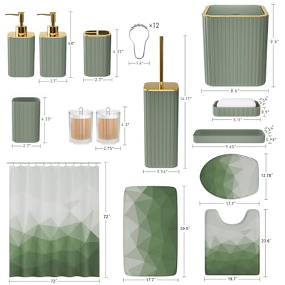 XLHOMO Bathroom Accessory Set - 26PC Bathroom Shower Curtain and Rug Set, Bathroom Accessories Set, Sage Green Bathroom Set with Trash Can, Toilet Brush, Qtip Holder & Soap Dispenser - style: Sage Green