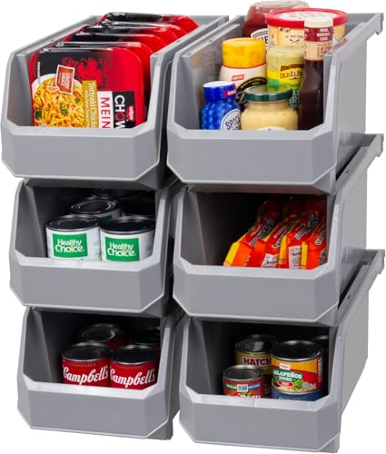 Large Stackable Plastic Storage Bins, 6-Pack, Grey | Open-Front Stackable Bins For Garage, Pantry, Closet & Office, 14,8"L X 8"W X 7"H, Nests When Empty, Durable Plastic, - color: Grey, size: Large, 6-Pack