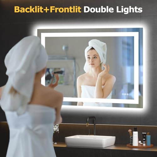Hivone 40"X30" LED Bathroom Mirror with Lights, Anti-Fog, Dimmable, Backlit + Front Lit, Smart Bathroom Vanity Mirror, Memory Function, Shatterproof, Tempered Glass (Horizontal/Vertical) - size: 40"L x 30"W