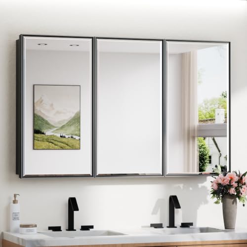 TokeShimi 48x30 Medicine Cabinet Mirror Bathroom Vanity Black Metal Framed Recessed or Surface Mounted Medicine Cabinet with Beveled Mirror with Storage Aluminum for Modern Farmhouse - color: Black, size: 48x30 IN