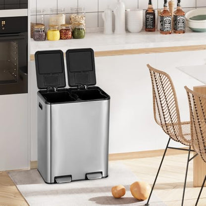 16 Gallon Stainless Steel Foot Pedal Trash Can,Rectangular Removable Inner Buckets Dual Compartment Recycling Large Capacity 60 Liter (30Lx2) Kitchen Garbage Can with Soft Close Lid for Kitchen Office - style: Dual Lid(60L)