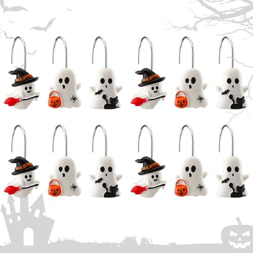 Colingmill 12 Pcs Halloween Ghost Shower Curtain Hooks Xmas Shower Curtain Hooks Halloween Bathroom Decor Rings for Bathroom Bedroom - style: Ghost