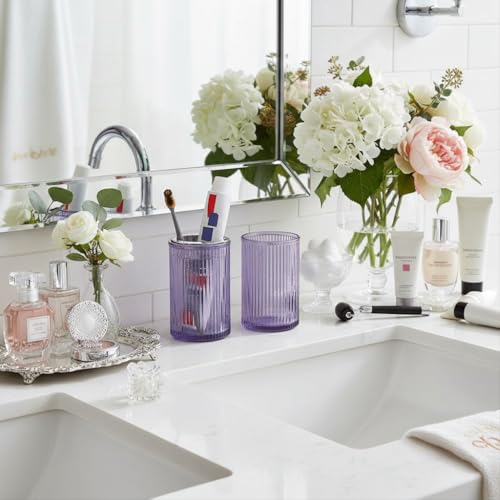 Toothbrush Holders for Bathrooms, 2pcs Purple Glass Toothbrush Holder, Bathroom Toothbrush Cup and Toothpaste Holder with Silver Divider, Tooth Brush and Toothpaste Organizer for Countertop - color: Purple Silver