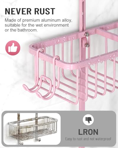 Adjustable Shower Caddy Hanging for Handheld Showerheads - Never Rust Shower Hanging Organizer, Upgraded Bathroom Shower Rack with Soap Basket, Hooks and Toothbrush Holder (Pink) - color: Pink