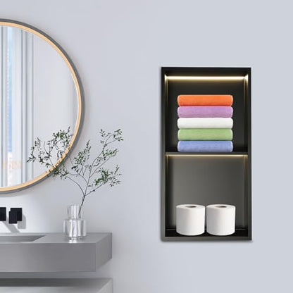 Stainless Steel Shower Niche, 2 Tiers Recessed Shower Niche, 12''x24'' Wall Nich Shower Shelf Insert w/ LED Light & Shelf, Embedded Storage Alcove Wall for Bathroom Storage(Black, LED, 12x24in)