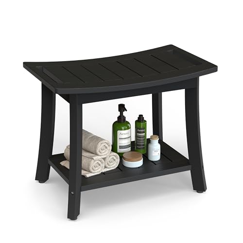 HIPS Shower Bench Inside Shower Stool with Storage Shelf, Waterproof Spa Bath Chair for Bathroom, Seat or Organizer for Living Room, Bedroom - Great for All Ages Unisex Elderly (Large, Black) - color: Black, size: Large 24x12x18 Inch