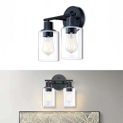 WISBEAM 2-Light Bathroom Vanity Light, Black Bathroom Light Fixtures with Clear Glass Shade Including E26 Medium Base, Bulb NOT Included, Vanity Light Over Mirror - color: Black, size: VNT003