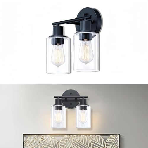 WISBEAM 2-Light Bathroom Vanity Light, Black Bathroom Light Fixtures with Clear Glass Shade Including E26 Medium Base, Bulb NOT Included, Vanity Light Over Mirror - color: Black, size: VNT003