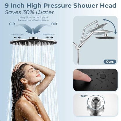 Rain Shower Head with Handheld Combo, Chrome Finish | 9" rainfall head, silicone slide bar, 3-way diverter, 59" SS hose, dual high-pressure spray, G1/2 fit, tool-free install