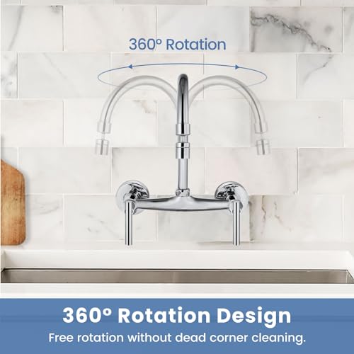 Airuida 8 Inch Center Chrome Polish Wall Mounted Kitchen Sink Faucet | 360° Degree Swivel Spout,Double Handle,Wall Mount Utility Sink Faucet - color: Chrome Polish