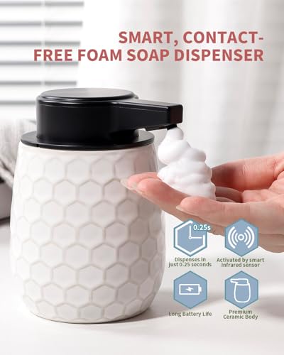 Automatic Soap Dispenser, Touchless Foaming Dish Soap Dispenser 13OZ/384ml, Ceramic White Foam Soap Dispenser Bathroom Kitchen, Waterproof, USB C Rechargeable, ANTIS'S HOME