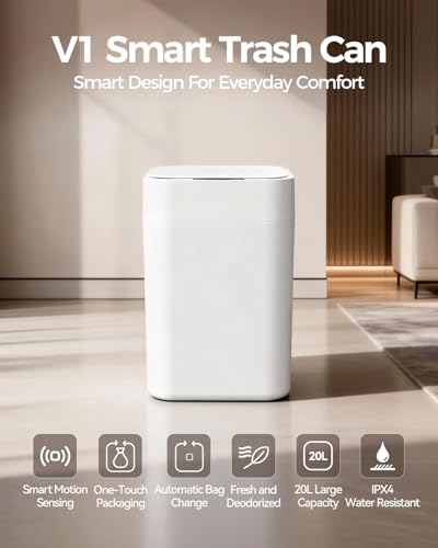 V1 Self-Sealing & Self-Changing Automatic Trash Can, 5.3 Gallon (20L) Smart Trash Can Motion Sensor, Touchless Garbage Can with Lid for Kitchen, Bathroom, Bedroom, Office, Odor-Sealing Design