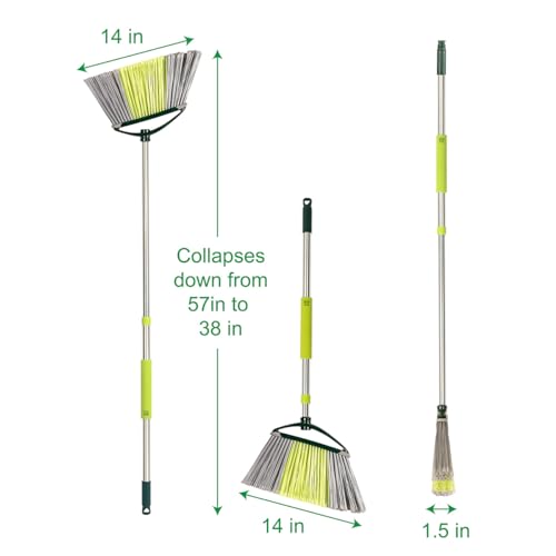 Pine-Sol Indoor Jumbo Broom with Long, Stainless Steel Collapsible Handle for Easy Storage, Heavy Duty Angle Bristles for Wood, Tile, Linoleum, and More - Sweeps Wet or Dry Debris
