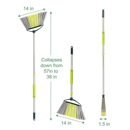 Pine-Sol Indoor Jumbo Broom with Long, Stainless Steel Collapsible Handle for Easy Storage, Heavy Duty Angle Bristles for Wood, Tile, Linoleum, and More - Sweeps Wet or Dry Debris