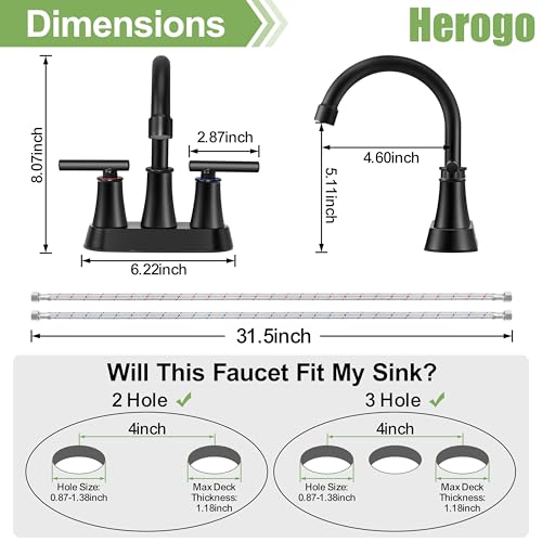 Herogo Matte Black Bathroom Sink Faucet for 3 Holes, 4 Inch Centerset Bathroom Faucet 2-Handle with Pop-Up Drain & Supply Hoses, 18/10 Stainless Steel, for RV Vanity Lavatory - color: Matte Black, style: Cylindrical Handles