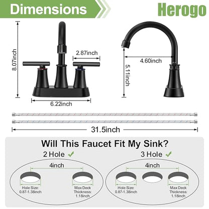 Herogo Matte Black Bathroom Sink Faucet for 3 Holes, 4 Inch Centerset Bathroom Faucet 2-Handle with Pop-Up Drain & Supply Hoses, 18/10 Stainless Steel, for RV Vanity Lavatory - color: Matte Black, style: Cylindrical Handles