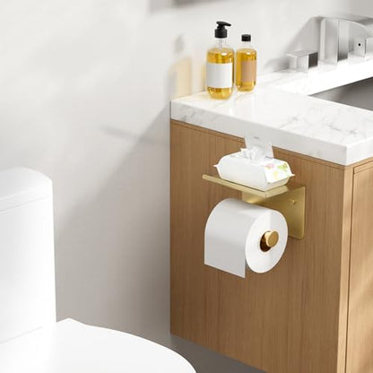 FORIOUS Toilet Paper Holder with Shelf, Adhesive or Screw, Brushed Gold | Wall Mount Toilet Paper Roll Holder for Bathroom, Stainless Steel Commercial Toilet Tissue Roll Dispenser with Phone Shelf - color: Brushed Gold