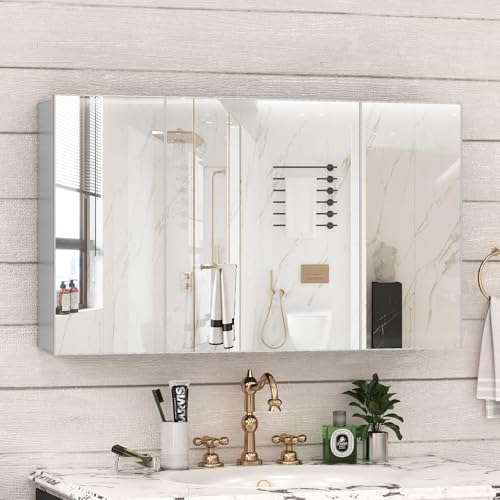 40 x 24 Farmhouse Medicine Cabinet, Tempered Frameless Bathroom Mirror with Storage, Silver Recessed or Surface Mount Aluminum Medicine Cabinet for Bathroom Modern-Large - color: Sliver, size: 40 x 24 IN