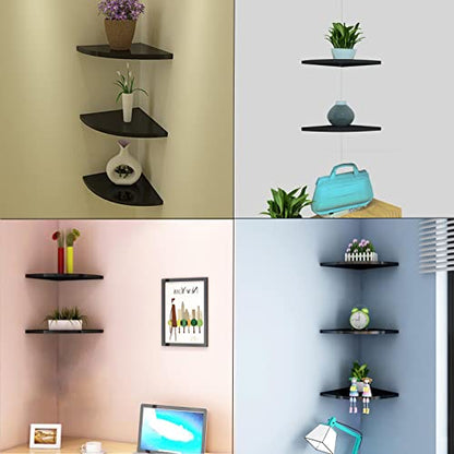 Floating Corner Shelf 8 Inch Black Set of 2,for 90 Degree Room Corner Wall Mounted Storage Display Shelves for Small Plant, Photo Frame, Toys and More
