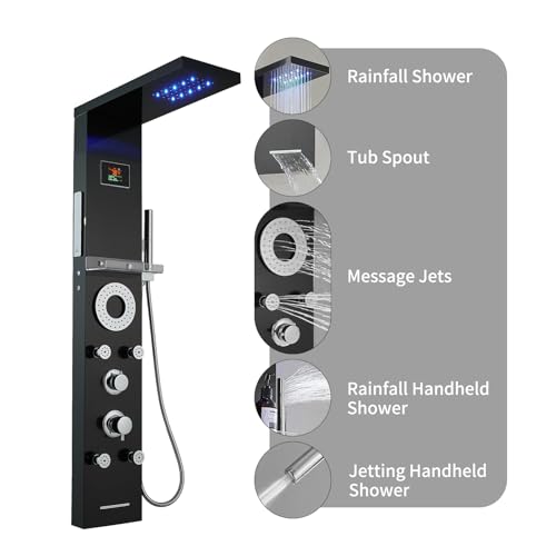 RUMOSE Matte Black Shower Panel Tower System, 5-Mode Shower Faucet Set | LED Light Rainfall Shower Head Digital Display with Massage Jets Tub Spout Shower Shelves, Stainless Steel, Wall Mount - color: Matte Black
