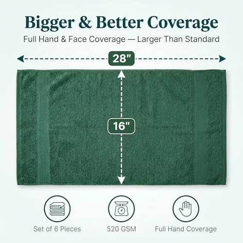 Sofea Hand Towels 6 Pack (16 x 28 Inches) 100% Cotton Bathroom Towels, Soft Absorbent Quick Dry Hand Towels for Bathroom Kitchen - color: Forest Green
