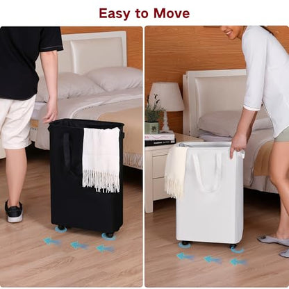 efluky Slim Laundry Basket with Wheels, Rolling Laundry Hamper on Wheels for Clothes, Small Laundry Bin for Bedroom, Dorm and Laundry Room, 60L White