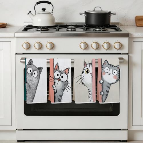 4 Pcs Funny Cat Kitchen Towels, Cute Cats Gifts Soft Absorbent Tea Towel - color: Multi 0139