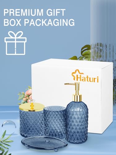 Haturi Glass Bathroom Accessories Set, Navy Blue Bathroom Set, 4 Pcs | Kit w/ Bathroom Soap Dispenser Set, Toothbrush Holder, Qtip Holder, Vanity Tray, Blue Bathroom Decor, Gift for Home Apartment - style: Navy Blue