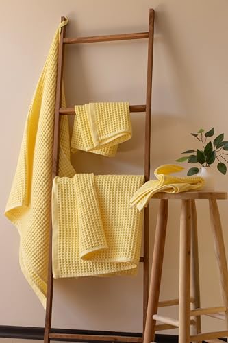 PÜSKÜL - Premium Waffle Towel Set 4 Pieces Yellow - Organic 100% Turkish Cotton Quick-Dry Towels for Bathroom Made in Turkiye (Light Yellow, Towel Set - 2 Hand & 2 Bath Towels) - color: Light Yellow, size: Towel Set - 2 Hand & 2 Bath Towels