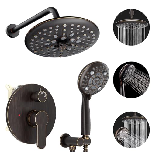 EMBATHER 10'' Shower System with Handheld Trim Kit, Oil Rubbed Bronze | 2-IN-1 Shower Faucet Set, 3-Mode Shower Head, 8-Setting Handheld Spray, Pressure-balanced Valve & Trim Kit - color: Oil Rubbed Bronze, size: 10 Inch