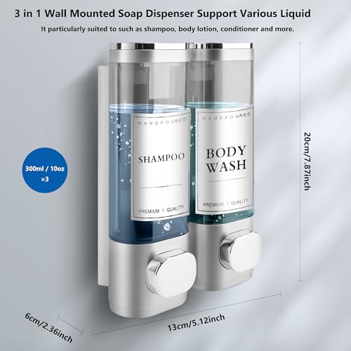 Shampoo and Conditioner Dispenser, 2 Chamber 300ml, Wall Mounted, Sliver | Shower Soap Dispenser, Refillable Hand Soap Dispensers, Body Wash Dispenser for Bathroom, Kitchen, Hotel, Home - color: Silver, size: 2 Chamber