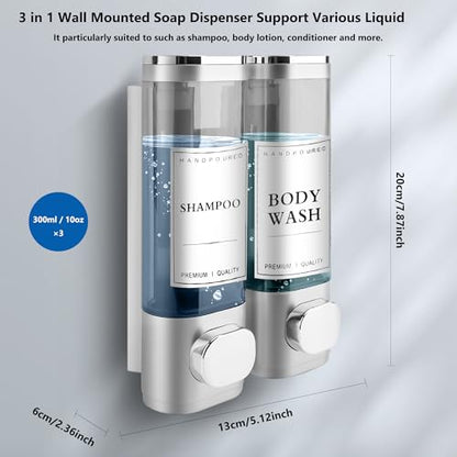 Shampoo and Conditioner Dispenser, 2 Chamber 300ml, Wall Mounted, Sliver | Shower Soap Dispenser, Refillable Hand Soap Dispensers, Body Wash Dispenser for Bathroom, Kitchen, Hotel, Home - color: Silver, size: 2 Chamber