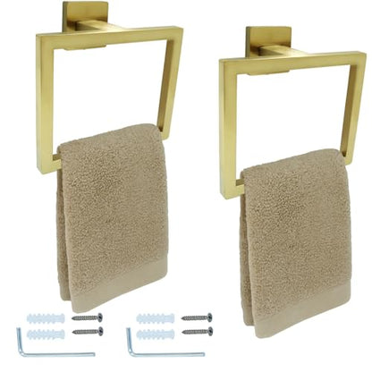Gold Towel Ring, 2 Pcs | Premium Stainless Steel, Sleek Square Design, Durable Wall-Mounted, Contemporary Bathroom
