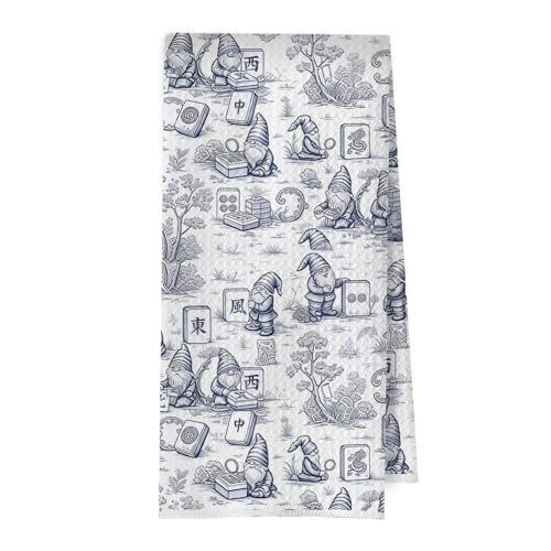 Gnomes Mahjong Kitchen Towels - Grandmillennial Mah Jong Gifts Decorative Waffle Dish Towels, Grandmillennial Gnomes Gifts Hand Towel, Chinoiserie Mahjong Tea Towel, 16×24 Inches - color: Mahjong- 34