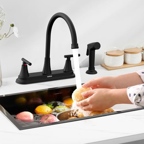 HURRAN 2-Handle Kitchen Faucet with Pull-Out Side Sprayer, 8 Inch High Arch Stainless Steel 360°Rotating Kitchen Sink Faucet, 4 Hole Faucet for Kitchen Bar Rv Camper, Black - color: Black, style: With Side Sprayer