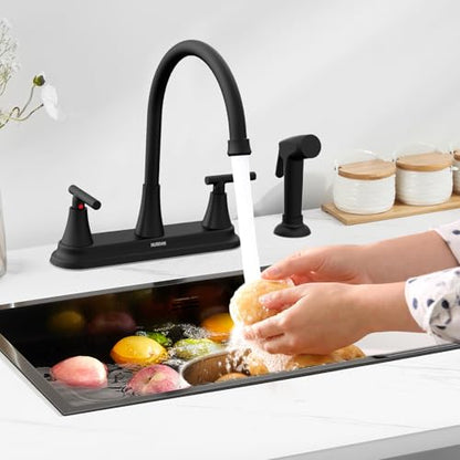 HURRAN 2-Handle Kitchen Faucet with Pull-Out Side Sprayer, 8 Inch High Arch Stainless Steel 360°Rotating Kitchen Sink Faucet, 4 Hole Faucet for Kitchen Bar Rv Camper, Black - color: Black, style: With Side Sprayer
