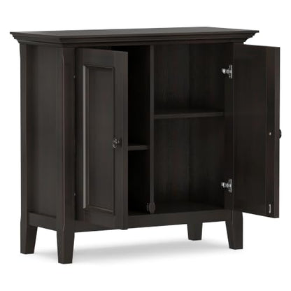 SIMPLIHOME Amherst 32" Wide Solid Wood Cabinet in Hickory Brown | Transitional-style low storage cabinet with adjustable shelves for organized living room, entryway or dining area storage.