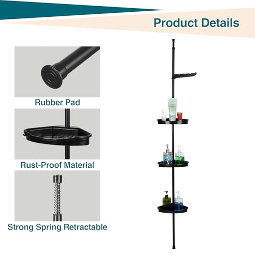 Corner Shower Caddy Tension Pole, 101.6''-122'', 4 Tier Shower Shelf, Rust Proof No Drilling Bathroom Organizer with Adjustable Trays, Plastic Bathtub Shelves Shamboo Holder, Black