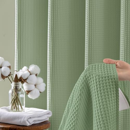 River Dream Cotton Blend Fabric Shower Curtain Set with Liner, Sage, 54x80 | Waffle Weave, No Hook Needed, with Snap in Replacement Liner, Top Sheer Window, Hotel Quality Fabric for Bathroom - color: Sage Green, size: 54"W x 80"L (Pack of 1)