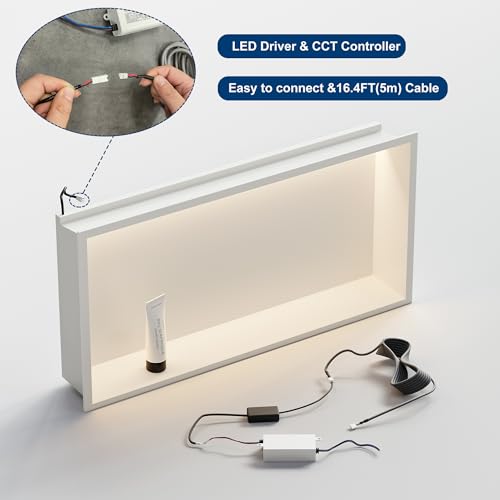 30"x12"White LED Shower Niche,3 CCT Dimmable Light, No Tile Needed | 304 Stainless Steel Bathroom Niche w/ Light(3000K/4000K/6000K), IP66 Waterproof, Space Saving & Durable ,LED Driver Included - color: White, size: 30X12In