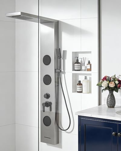 5 In 1 Shower Panel Brushed Nickel Shower Tower System | with Rainfall Waterfall Shower Head 3 Body Jets Handheld Shower Head and Tub Spout Modern Massage by Homevacious - color: Brushed Nickel