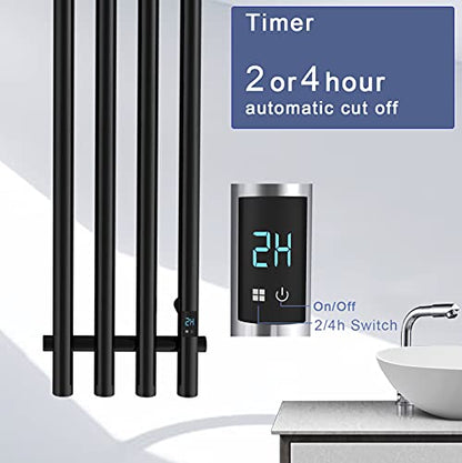 WarmRackCo Electric Heated Towel Rack with Timer - Black, Wall-Mounted Towel Warmer, 4 Vertical Bars, Plug-in or Hardwired, Round Luxury Design