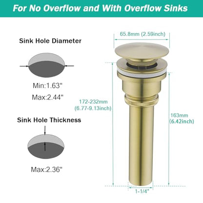 Dual Use Pop Up Drain Stopper,Bathroom Vanity Vessel Sink Stopper,Brushed Gold, for Basin With or Without Overflow hole,SE83999BG - color: Brushed Gold