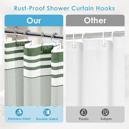3 in 1 Shower Curtain and Liner,72 x 72 inch, Striped Green | Modern Rustic Grey Modern Double Layers Waterproof Fabric with See Through Top Window Open Grommet Bath Curtain - color: Green Striped