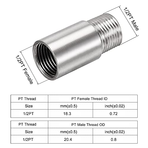uxcell Shower Head Extension Arm Stainless Steel 1/2PT Male to 1/2PT Female Thread 50mm Length Cast Pipe Fitting Coupler 2Pcs - size: 50mm