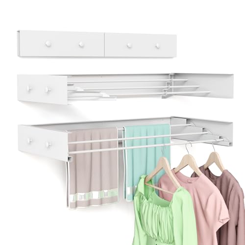 Wall Mounted Drying Rack for Laundry 19.8'', Folding Drying Rack Clothing Wall Mount with 3 Rods and 4 Hooks, Space Saving for Indoor Outdoor Bathroom Balcony (White, 19.8'') - size: 19.8''【4 Hooks】